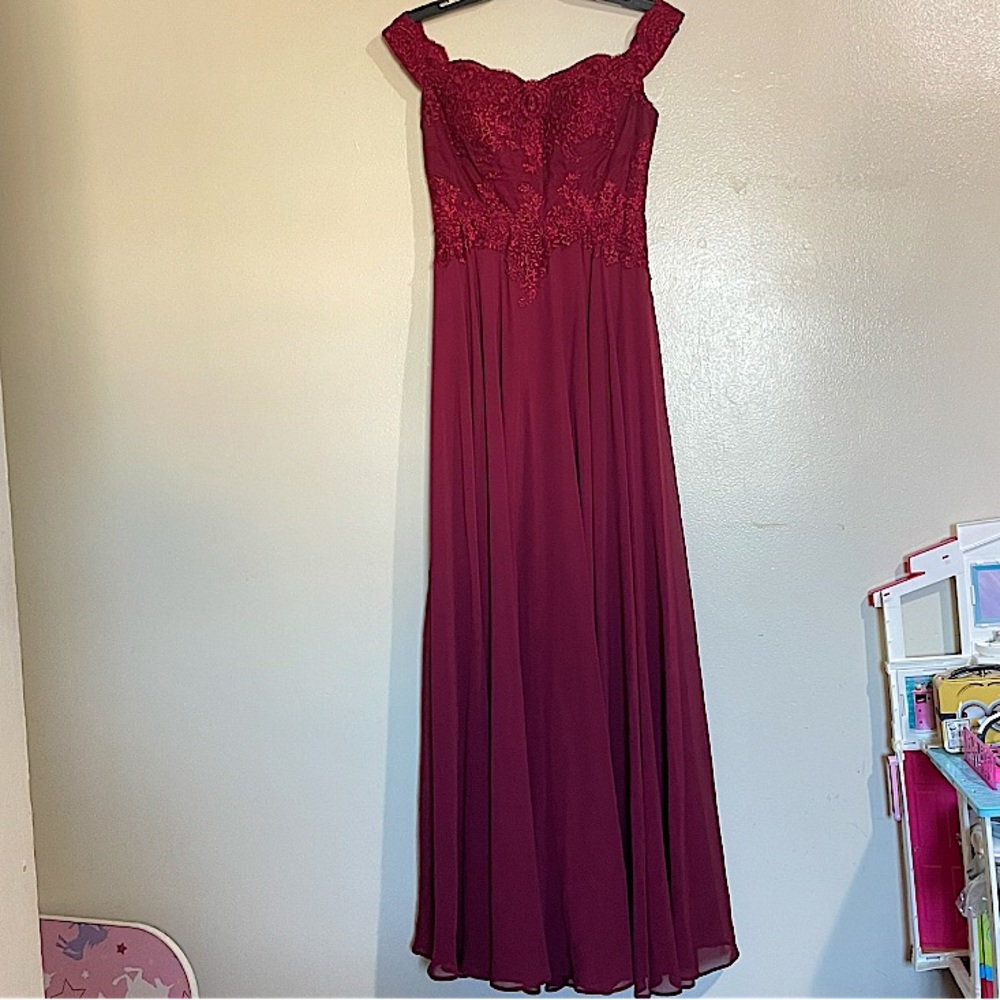 Off-Shoulder Burgundy Evening Gown - Picture 2 of 13